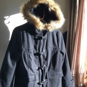 Cute and warm felt coat with faux fur rimmed hood